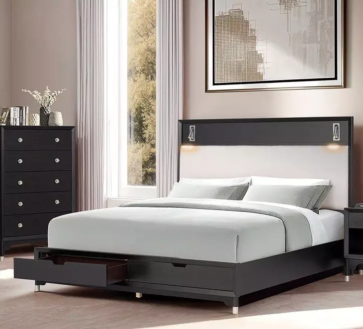 Torrance Black and White Upholstered Storage Panel Bedroom Set with LED
