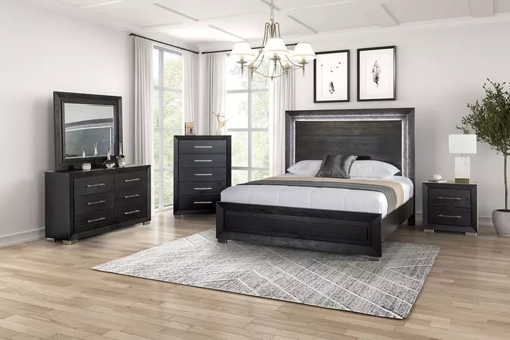 Ashbourne Black Panel Bedroom Set with LED Light