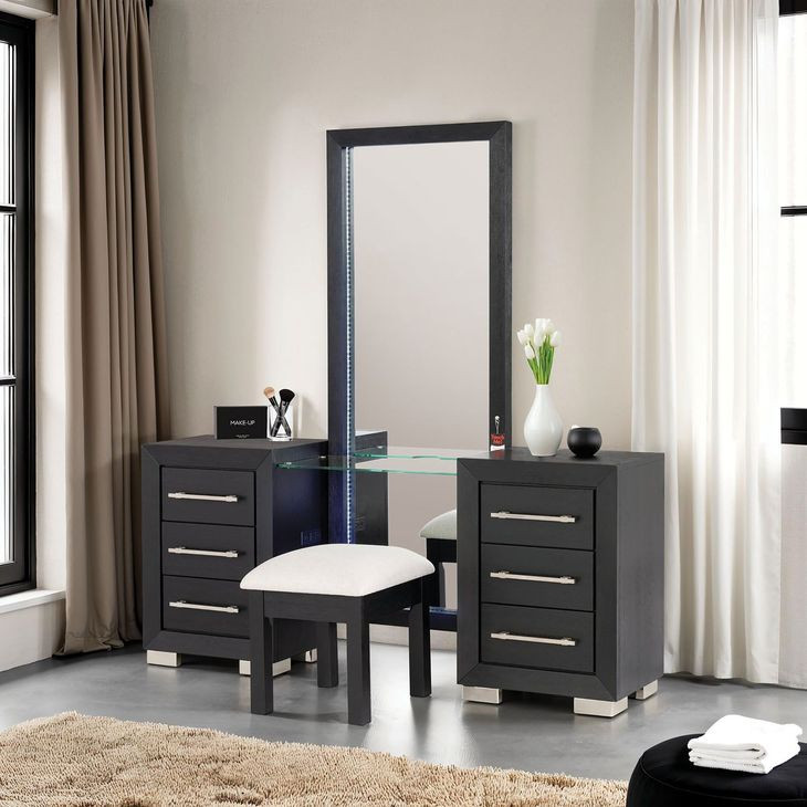 Ashbourne Black 6 Drawer Glass Top Vanity with LED and Mirror