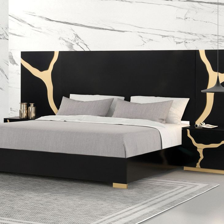 Goldsberg Black and Gold Queen Platform Bed with Wall Panel