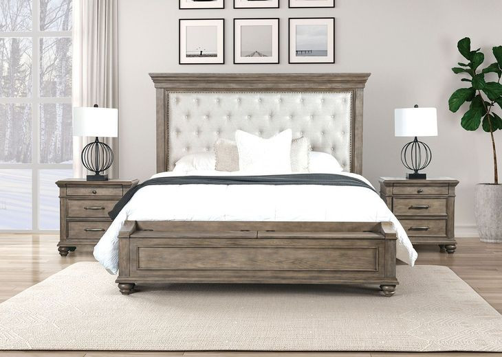 Philomath Aged Oak Queen Upholstered Storage Panel Bed