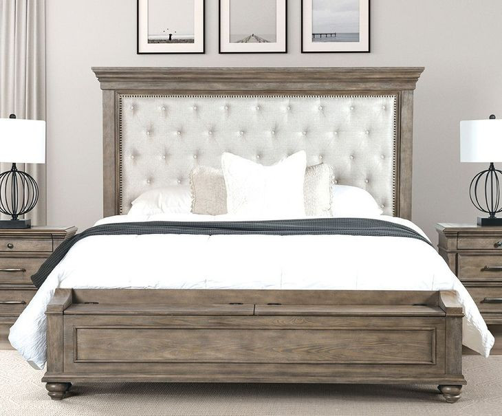 Philomath Aged Oak Queen Upholstered Storage Panel Bed
