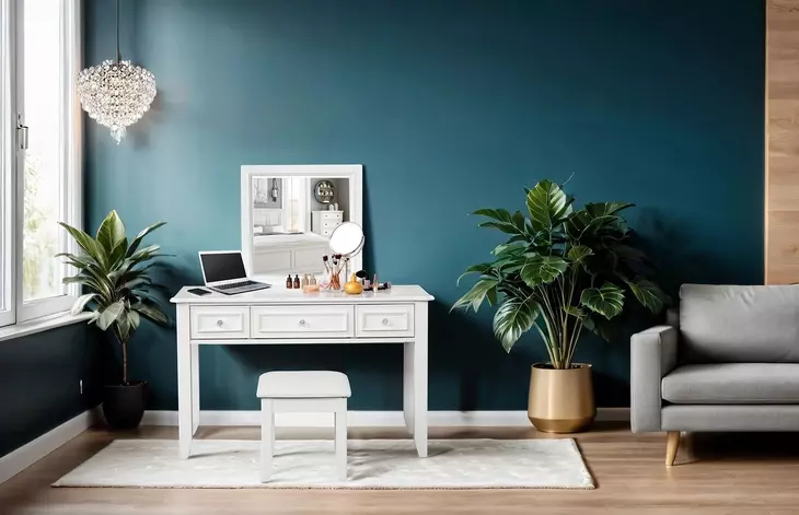 Naucalpan White Vanity Set with Stool