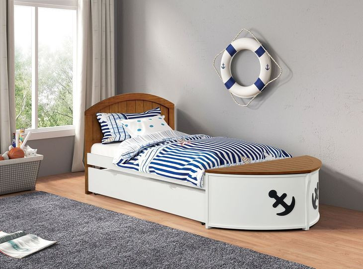 Poseidon White and Oak Twin Captain Novelty Bed with Trundle