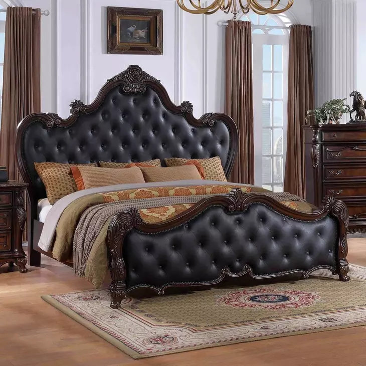 Ventresca Dark Cherry and Gray King Upholstered Panel Bed with Nailhead Trim