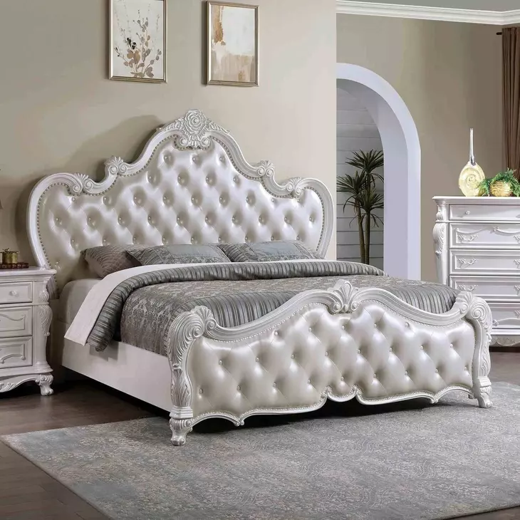 Ventresca White Upholstered Panel Bedroom Set with Nailhead Trim