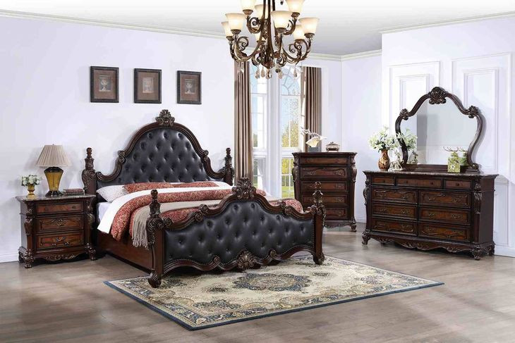 Cremona Dark Cherry and Gray Queen Upholstered Panel Bed with Nailhead Trim