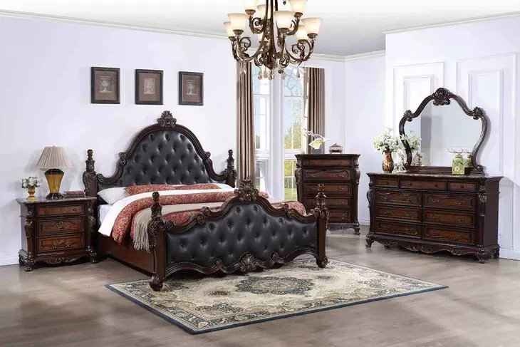 Cremona Dark Cherry and Gray King Upholstered Panel Bed with Nailhead Trim