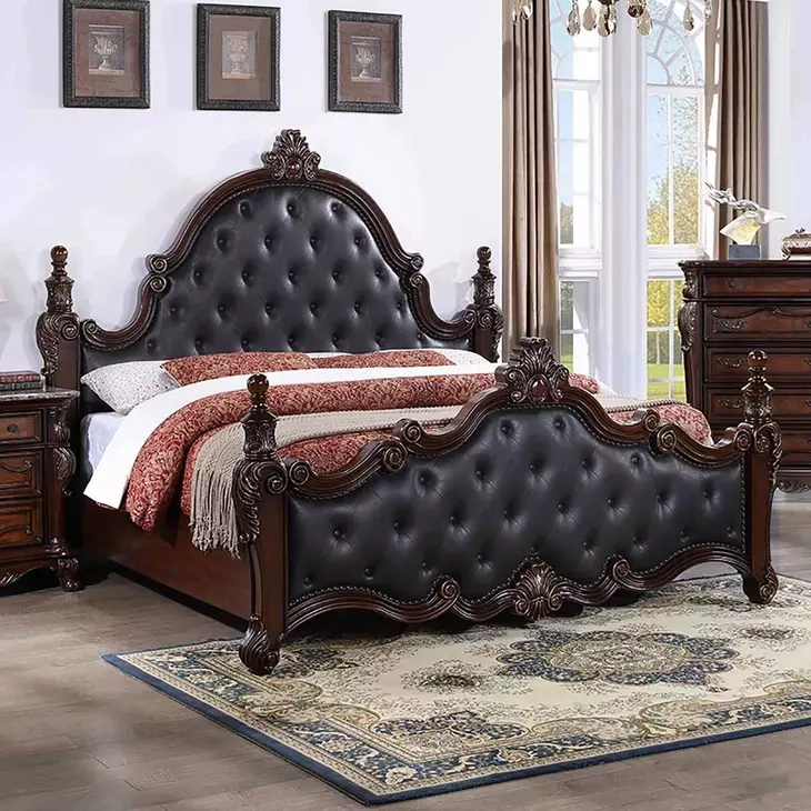Cremona Dark Cherry and Gray King Upholstered Panel Bed with Nailhead Trim