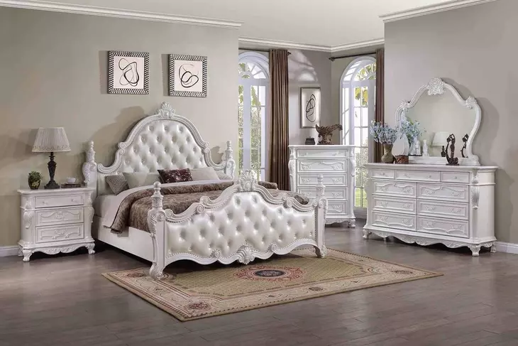 Cremona White Queen Upholstered Panel Bed with Nailhead Trim