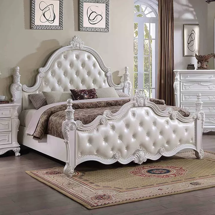 Cremona White Queen Upholstered Panel Bed with Nailhead Trim
