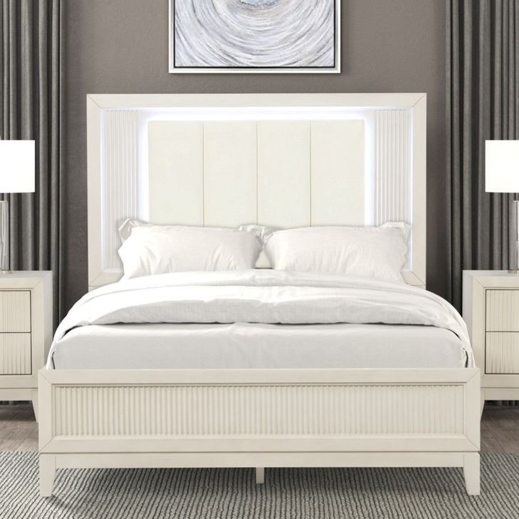 Isadore Antique White Queen Panel Bed with LED Light