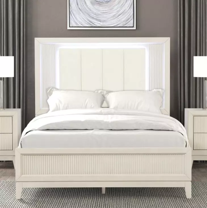 Isadore Antique White King Panel Bed with LED Light