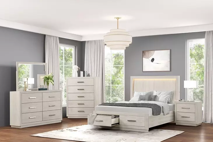 Wellingborough Light Gray Storage Panel Bedroom Set with LED Light
