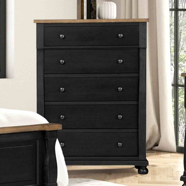 Neue Mills Farmhouse Black and Rustic Oak 5 Drawer Chest