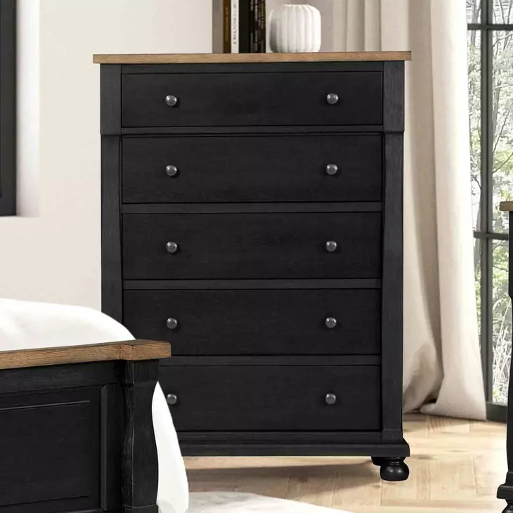 Neue Mills Farmhouse Black and Rustic Oak 5 Drawer Chest