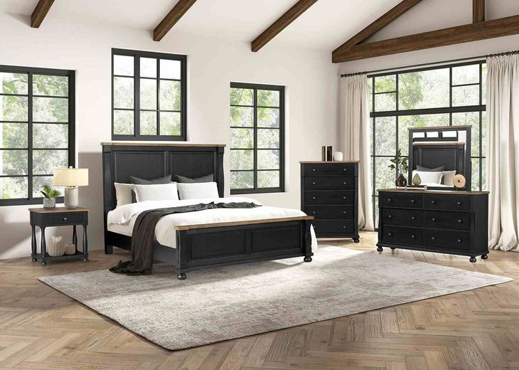 Neue Mills Farmhouse Black and Rustic Oak King Panel Bed