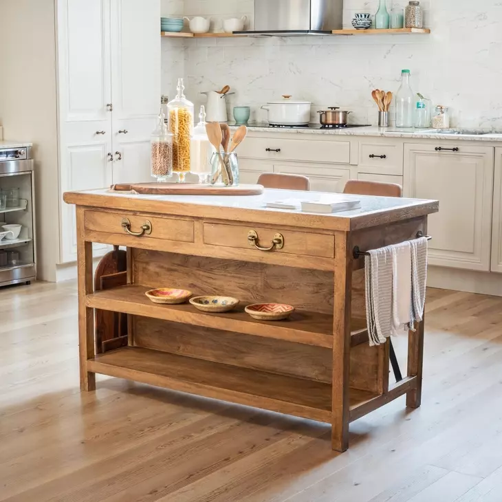Delmar White and Natural 58" Rectangular Marble Top Kitchen Island