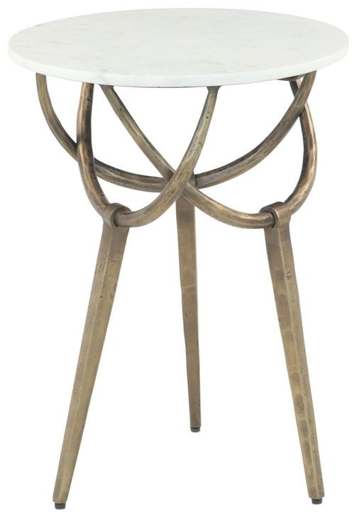 Odessa Antique Brass and White Round Marble Top Side Table Set of 2