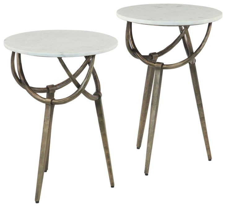Odessa Antique Brass and White Round Marble Top Side Table Set of 2