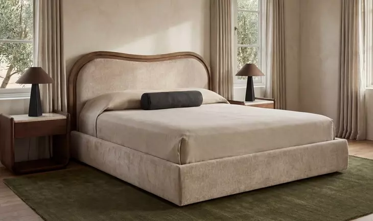 Camilla Oat and Brown King Upholstered Panel Bed