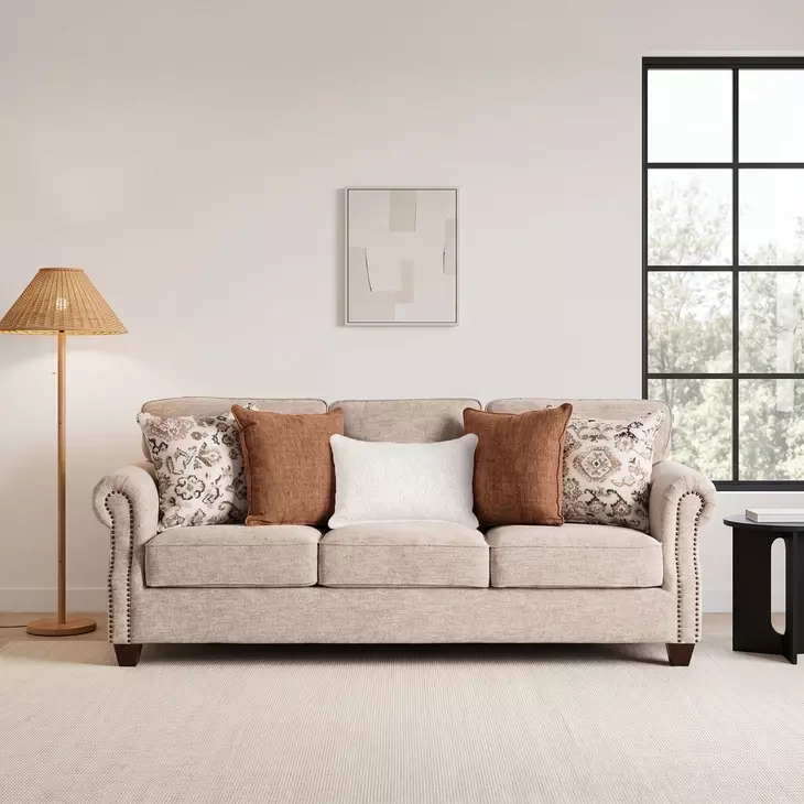 Buckhurst Taupe 87" Sofa with Nailhead Trim