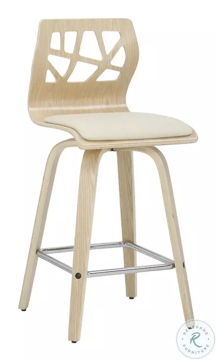 Folia Cream PU And Chrome With Natural Wood Counter Height Stool Set of 2