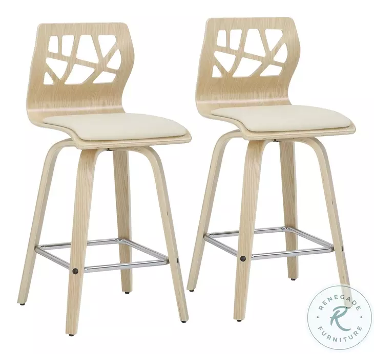 Folia Cream PU And Chrome With Natural Wood Counter Height Stool Set of 2
