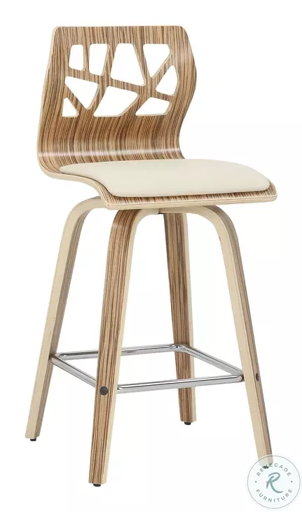 Folia Cream PU And Chrome With Zebra Wood Counter Height Stool Set of 2