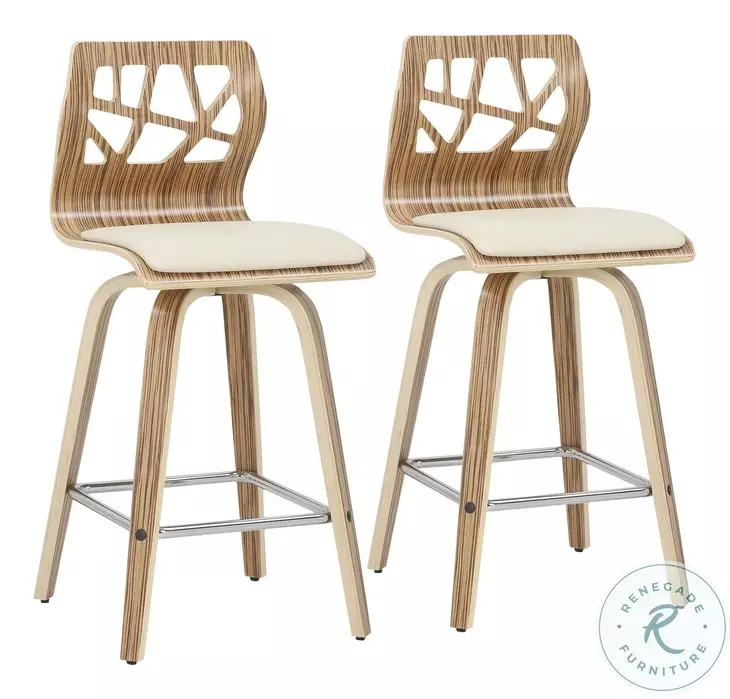 Folia Cream PU And Chrome With Zebra Wood Counter Height Stool Set of 2