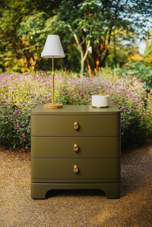 Fortune Olive Green Matte Lacquer Rectangular 3 Drawer Side Table