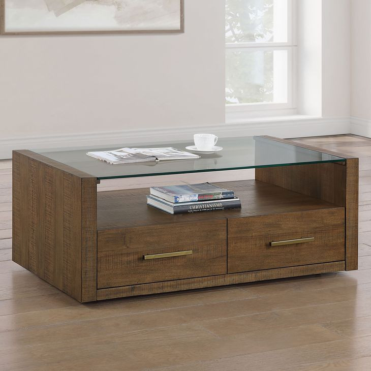 Garland Toffee Rectangular Glass Top Coffee Table with Casters