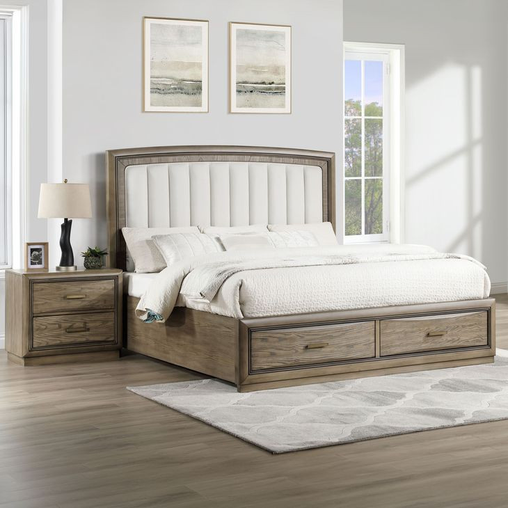 Sonoma Gray Upholstered Queen Panel Bed with 2 Front Storage Drawers