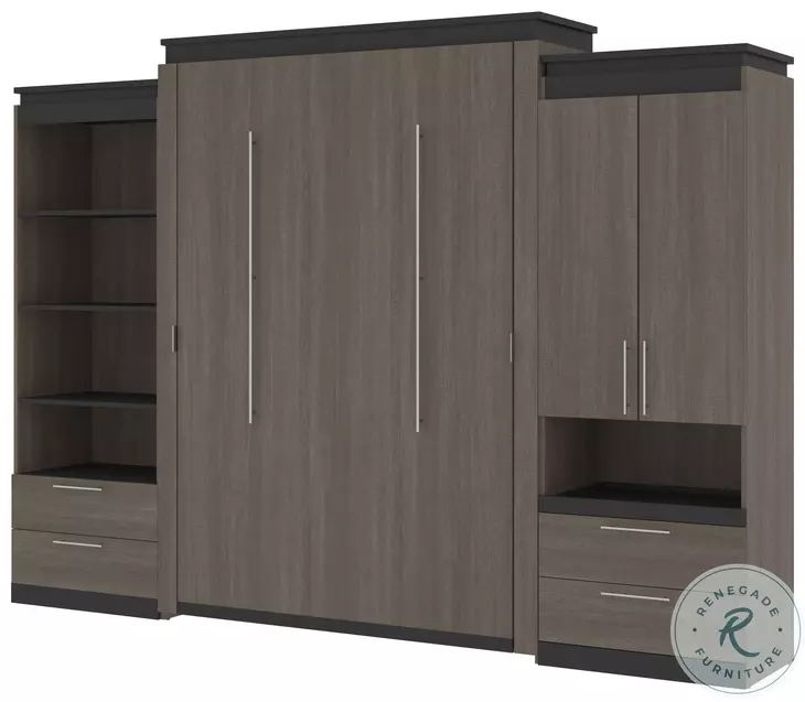Orion Bark Gray And Graphite 124" Queen Murphy Bed And Multifunctional Storage With Drawers
