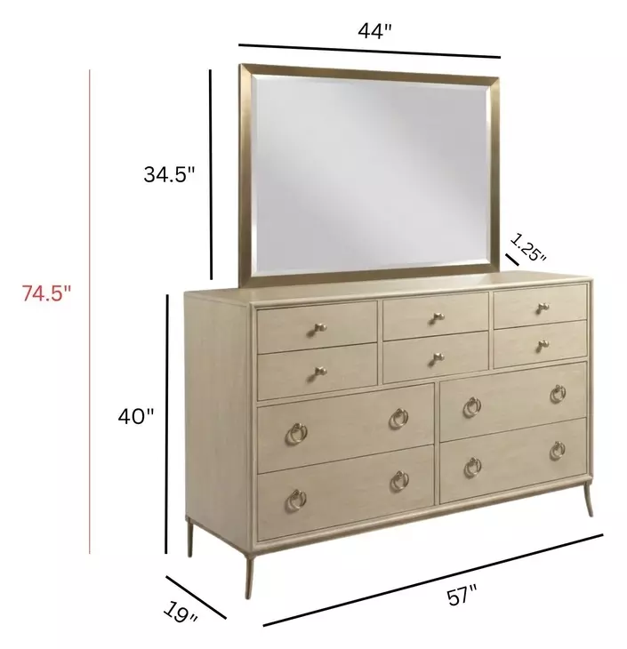 Lenox Alabaster and Gold 10 Drawer Ventura Dresser with Rectangular Anaheim Mirror
