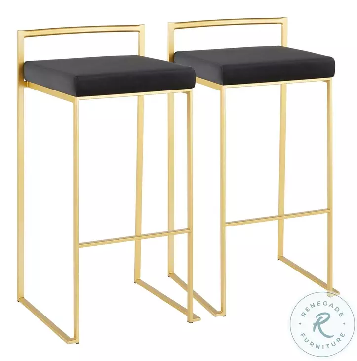 Fuji Black Velvet And Gold Metal Bar Stool Set Of 2