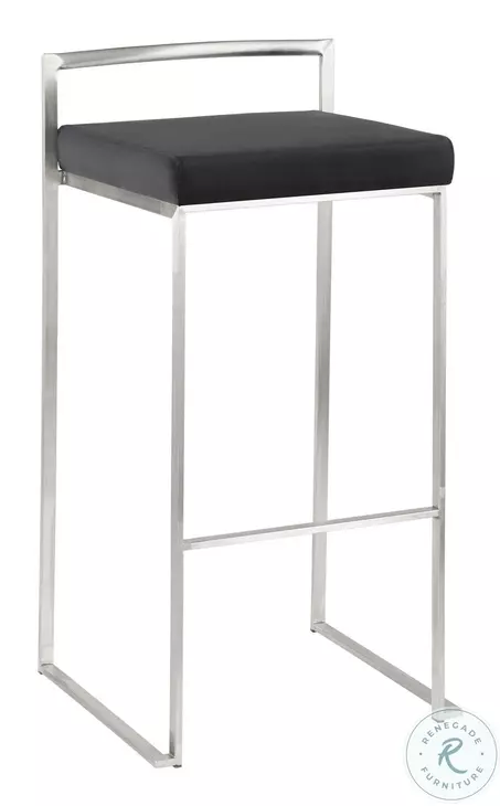 Fuji Black Velvet And Brushed Stainless Steel Bar Stool Set Of 2