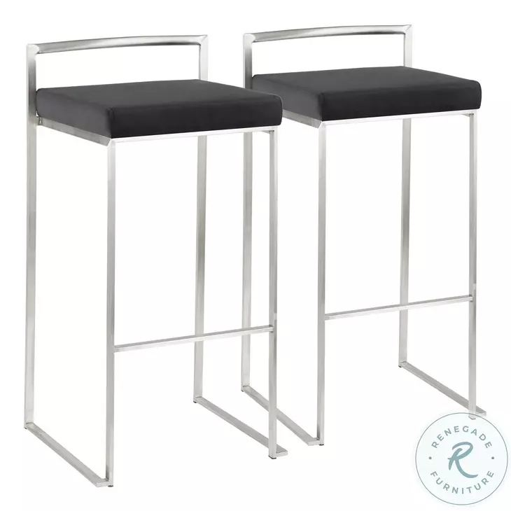 Fuji Black Velvet And Brushed Stainless Steel Bar Stool Set Of 2