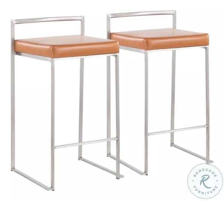 Fuji Camel PU And Brushed Stainless Steel Stacker Counter Height Stool Set of 2