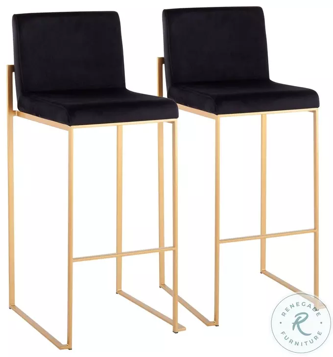 Fuji Black Velvet And Gold Steel High Back Bar Stool Set of 2