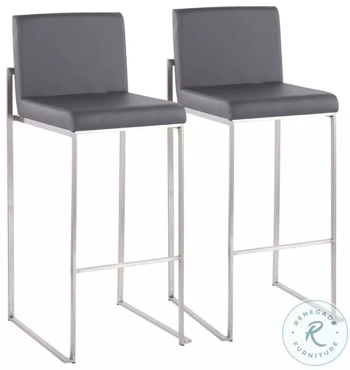 Fuji Grey PU And Stainless Steel High Back Bar Stool Set of 2