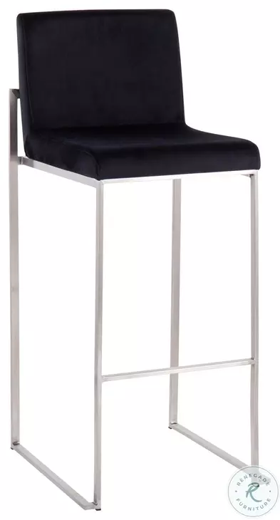 Fuji Black Velvet And Stainless Steel High Back Bar Stool Set of 2