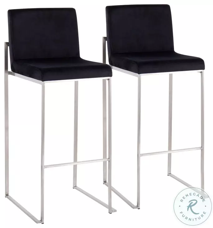 Fuji Black Velvet And Stainless Steel High Back Bar Stool Set of 2