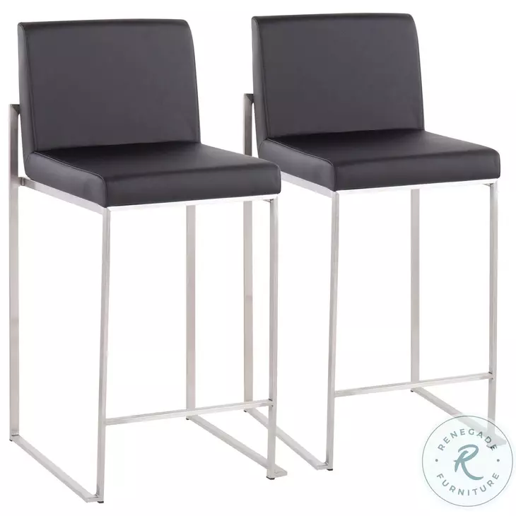 Fuji Black PU And Stainless Steel High Back Counter Height Stool Set of 2