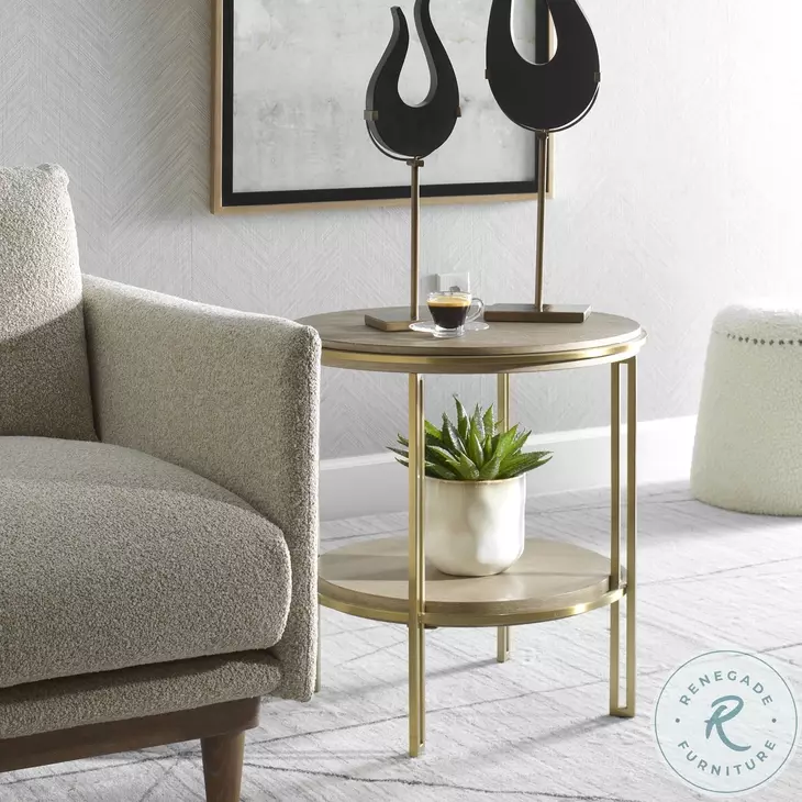 Thalyn Light Oak And Plated Brushed Brass Round Side Table