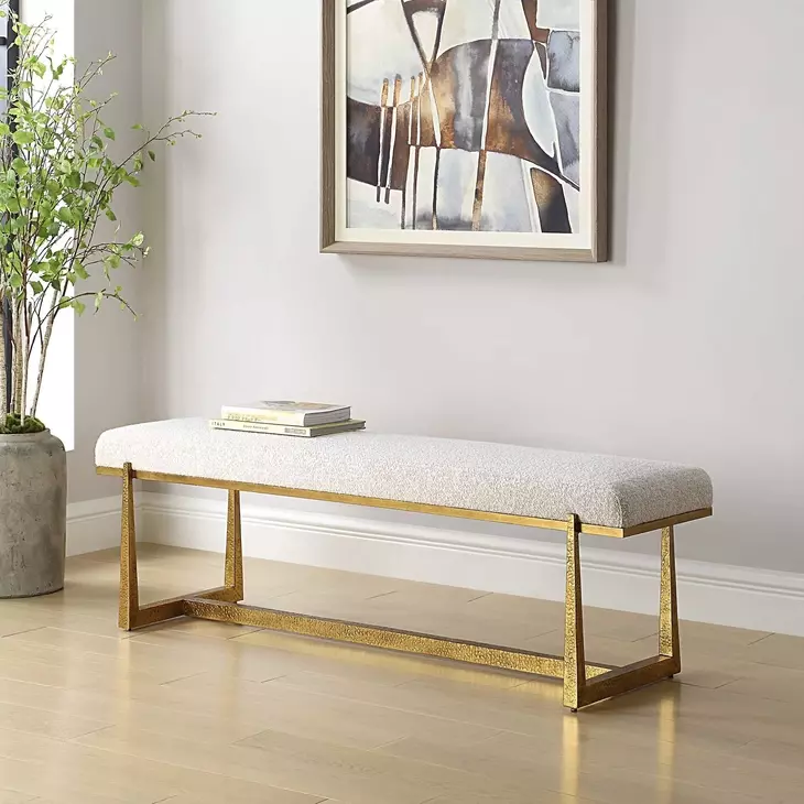Midas White and Gold Upholstered Long Accent Bench