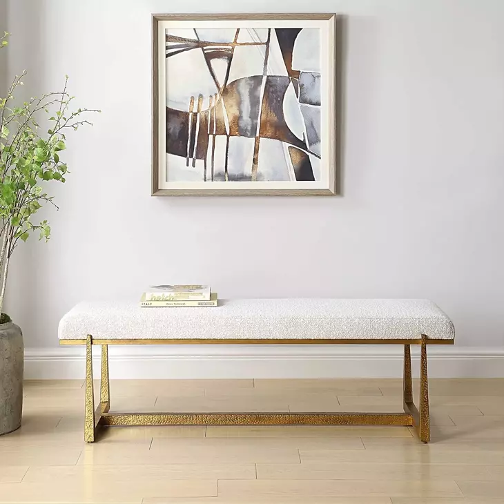 Midas White and Gold Upholstered Long Accent Bench