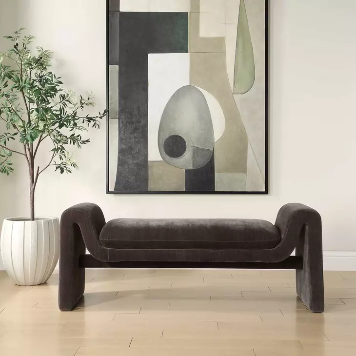 Grafton Distressed Charcoal Upholstered Accent Bench