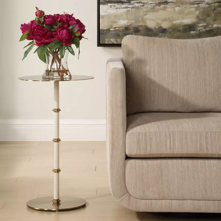 Monterey White and Brass Round Accent Table