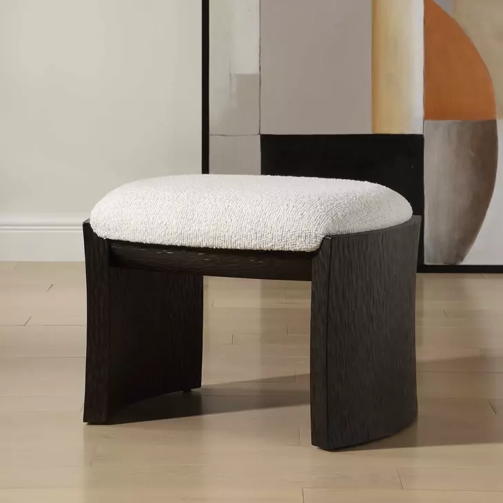 Port Texture White and Walnut Upholstered Small Accent Bench